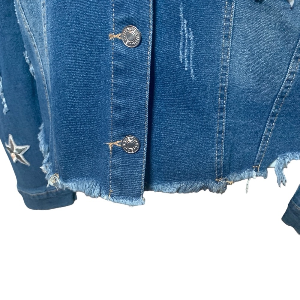 Plus Size 2XL Long Puff Sleeve Stars Embroidered Distressed Denim Jacket - Picture 8 of 11